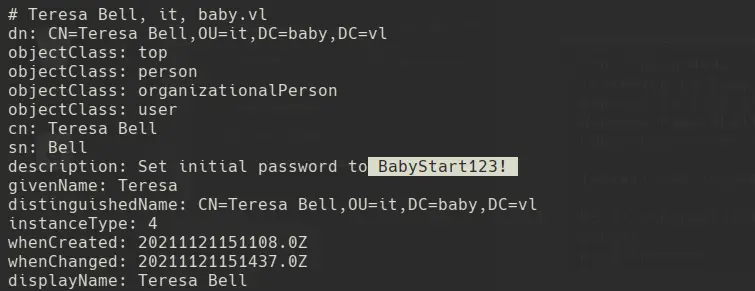 LDAP anonymous query output revealing Teressa Bell's password in the description field