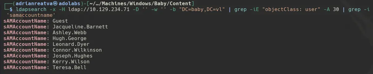 Domain users enumerated via sAMAccountName LDAP query